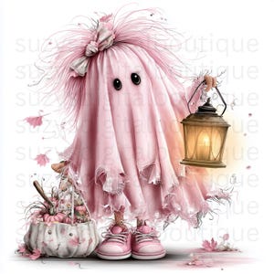 Puede incluir: Un personaje fantasma rosa con grandes ojos negros y un peinado desordenado adornado con un lazo rosa. El fantasma lleva zapatillas rosas, sostiene una linterna encendida y est&aacute; junto a una cesta blanca llena de calabazas rosas y hojas ca&iacute;das.