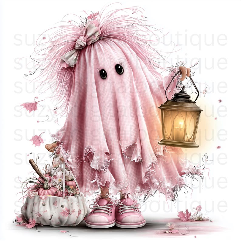 Puede incluir: Un personaje fantasma rosa con grandes ojos negros y un peinado desordenado adornado con un lazo rosa. El fantasma lleva zapatillas rosas, sostiene una linterna encendida y est&aacute; junto a una cesta blanca llena de calabazas rosas y hojas ca&iacute;das.