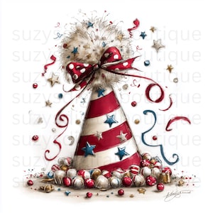 May include: A festive party hat with red and white stripes, adorned with blue stars and a red polka-dot bow. The hat is surrounded by scattered stars, confetti, and decorative balls, creating a celebratory theme.