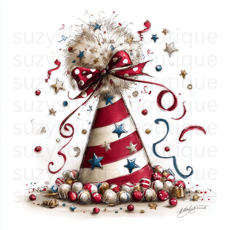 May include: A festive party hat with red and white stripes, adorned with blue stars and a red polka-dot bow. The hat is surrounded by scattered stars, confetti, and decorative balls, creating a celebratory theme.