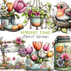 Puede incluir: Ilustración en acuarela con motivos primaverales. Incluye un pájaro en un nido, flores en una bota, una jardinera colgante y un tarro. La imagen también tiene un sobre con tulipanes y el texto "SPRING TIME clipart 60 PNG".