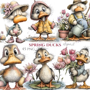 Puede incluir: Ilustración digital con seis patos de dibujos animados en varias escenas primaverales. Un pato lleva un sombrero y sostiene un huevo de Pascua, otro lleva un impermeable. El texto "SPRING DUCKS clipart" es visible. La imagen está etiquetada como "45 PNG".