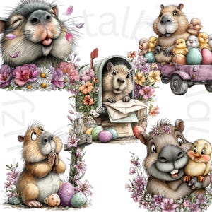 May include: A digital illustration featuring several adorable groundhogs in various Easter-themed scenes. One groundhog sticks its tongue out, while others are surrounded by flowers, eggs, and chicks. A groundhog peeks out of a mailbox.