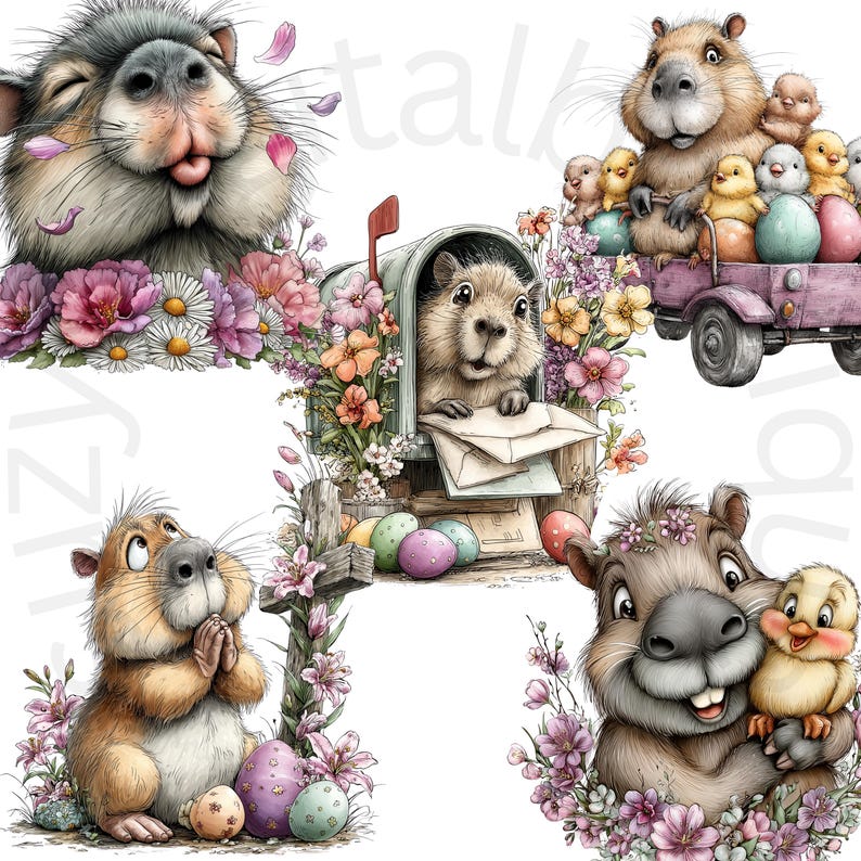 May include: A digital illustration featuring several adorable groundhogs in various Easter-themed scenes. One groundhog sticks its tongue out, while others are surrounded by flowers, eggs, and chicks. A groundhog peeks out of a mailbox.