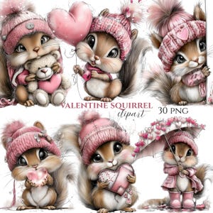 Może przedstawiać: Kolekcja uroczych kreskówkowych wiewiórek w różowych czapkach i szalikach, trzymających serca, misie i balon w kształcie serca. Obraz zawiera tekst "VALENTINE SQUIRREL clipart 30 PNG".