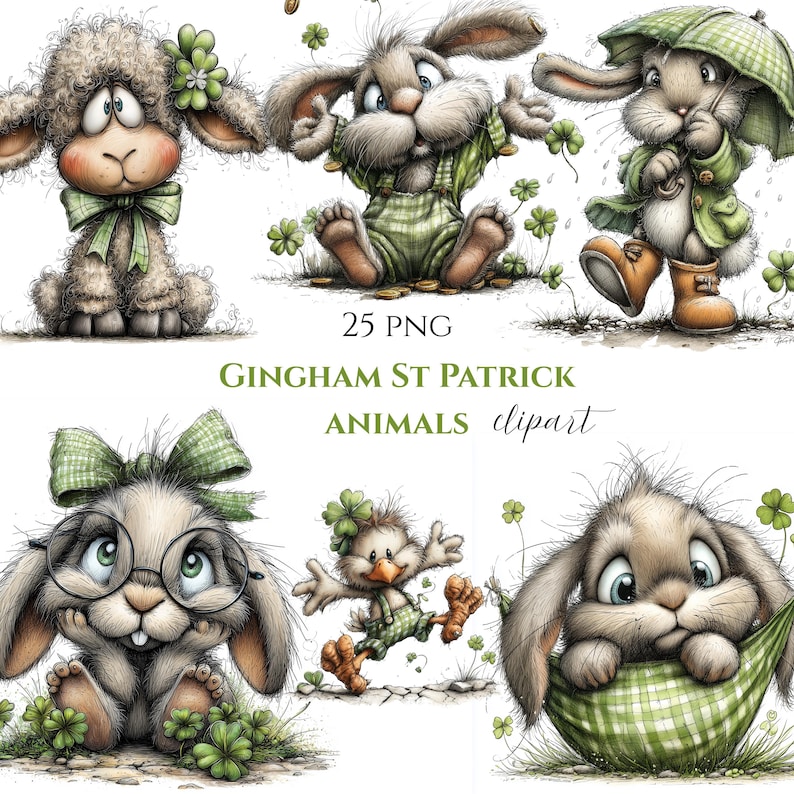 Whimsy Patrick Gingham St Patrick's Day Animal Clipart, Whimsical Spring PNG (25 PNG ...