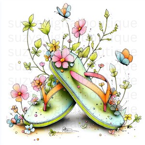 May include: Watercolor illustration of a pair of green flip-flops with orange and pink straps, adorned with colorful flowers and butterflies. The image has a whimsical, summery feel, perfect for beach or vacation-themed products.