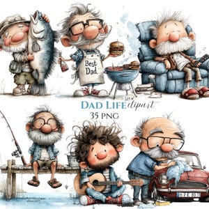 Op de afbeelding: Een digitale illustratie met cartoonvaders die verschillende activiteiten uitvoeren. Een vader vist, een ander grilt hamburgers en een ander ontspant. De tekst "DAD LIFE clipart" en "35 PNG" is inbegrepen.