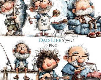 May include: A digital illustration featuring cartoon dads engaged in various activities. One dad is fishing, another grilling burgers, and another relaxing in a chair. The image includes the text "DAD LIFE clipart" and "35 PNG".