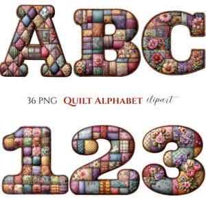 May include: A collection of quilt alphabet and number clipart. The letters A, B, and C, and the numbers 1, 2, and 3 are displayed. Each character is made of colorful patchwork fabric with floral and geometric patterns. The text "36 PNG QUILT ALPHABET clipart" is also visible.