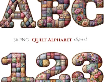 Floral Patchwork Quilt Alphabet and Numbers Clipart (36 PNG)