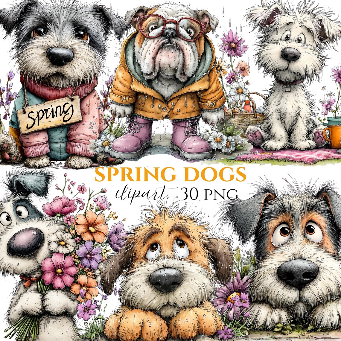 Spring Dog Statue Spring Dogs Watercolor Clipart, Floral Puppy Illustrations (30 PNG) - Etsy