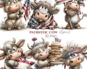 Patriotic Highland Cow Clipart Bundle, 4th of July PNG, Independence Day Sublimation (30 PNG)