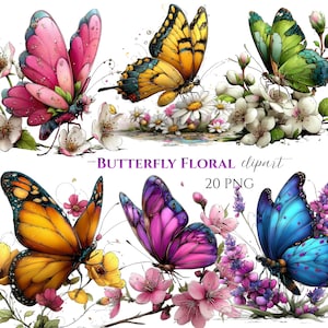 Watercolor Butterfly Clipart Bundle, Floral Glitter Graphics (20 PNG)