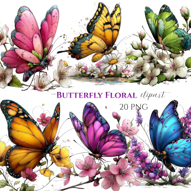 Watercolor Butterfly Clipart Bundle, Floral Glitter Graphics (20 PNG ...