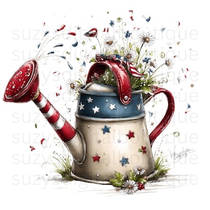 May include: A patriotic watering can with a red and white striped spout and handle, and a blue and white star-studded body. The can is filled with daisies and other flowers, with red, white, and blue accents. A charming illustration for garden decor.