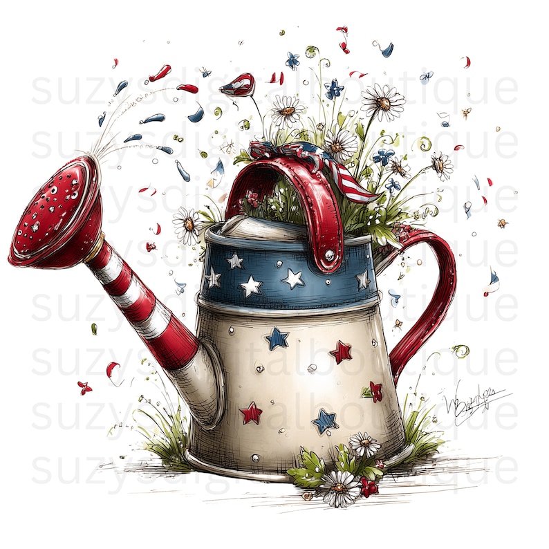 May include: A patriotic watering can with a red and white striped spout and handle, and a blue and white star-studded body. The can is filled with daisies and other flowers, with red, white, and blue accents. A charming illustration for garden decor.