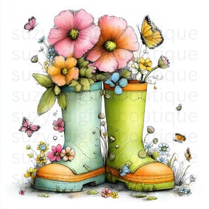 May include: Watercolor illustration of two green and orange rain boots filled with colorful flowers. Pink, orange, and yellow blooms spill out of the boots, surrounded by butterflies and small flowers. The boots are decorated with small flowers.