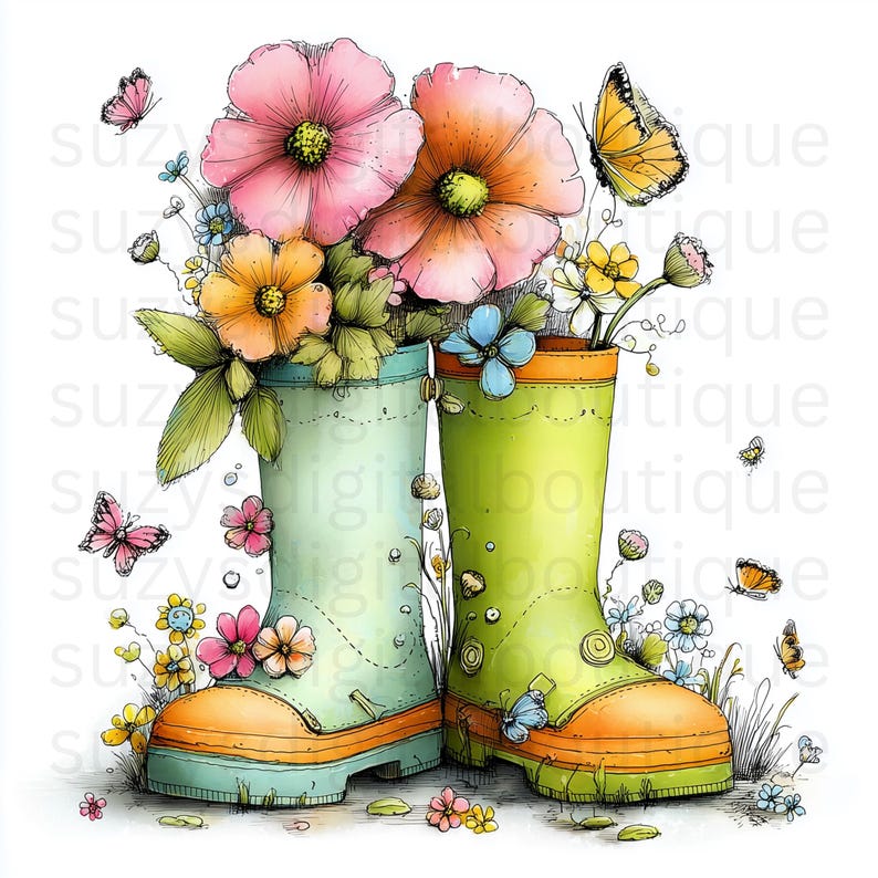 May include: Watercolor illustration of two green and orange rain boots filled with colorful flowers. Pink, orange, and yellow blooms spill out of the boots, surrounded by butterflies and small flowers. The boots are decorated with small flowers.