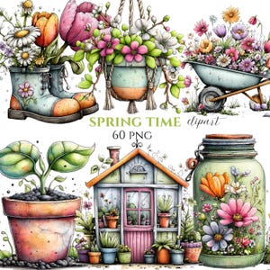 Clipart de flores primaverales en acuarela / Paquete PNG de estilo cottagecore (60)