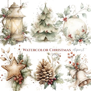 May include: A collection of watercolor Christmas illustrations featuring a lantern, a pine tree, a bauble, a star-shaped cookie, a pinecone, and a bell, all decorated with holly leaves and red berries, with the text WATERCOLOR CHRISTMAS clipart PNG.