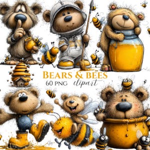 May include: A digital illustration featuring cartoon bears and bees. The bears are depicted in different poses, some wearing clothes and interacting with bees. The image includes the text "BEARS & BEES 60 PNG clipart."
