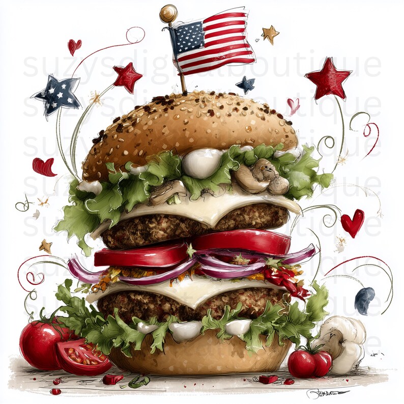 May include: An illustration of a large burger with sesame seed bun, stacked with patties, cheese, red onion, lettuce, and tomato. An American flag is on top, with decorative stars and hearts.