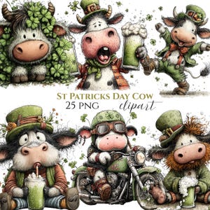 Op de afbeelding: Een verzameling St. Patrick's Day koeien clipart afbeeldingen. De koeien zijn afgebeeld in verschillende feestelijke outfits, waaronder kabouterhoeden en groene jassen, en houden drankjes vast. Eén koe rijdt op een motor. De tekst "St Patricks Day Cow 25 PNG clipart" is ook zichtbaar.