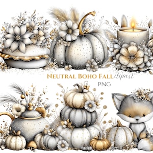 Könnte beinhalten: Eine Sammlung von herbstlichen Clipart-Elementen in neutralen Farbtönen, darunter Kürbisse, Blumen, eine Kerze und ein Fuchs. Die Kürbisse sind weiß, grau und goldfarben, mit floralen Akzenten. Der Text "NEUTRAL BOHO FALL clipart PNG" ist sichtbar.