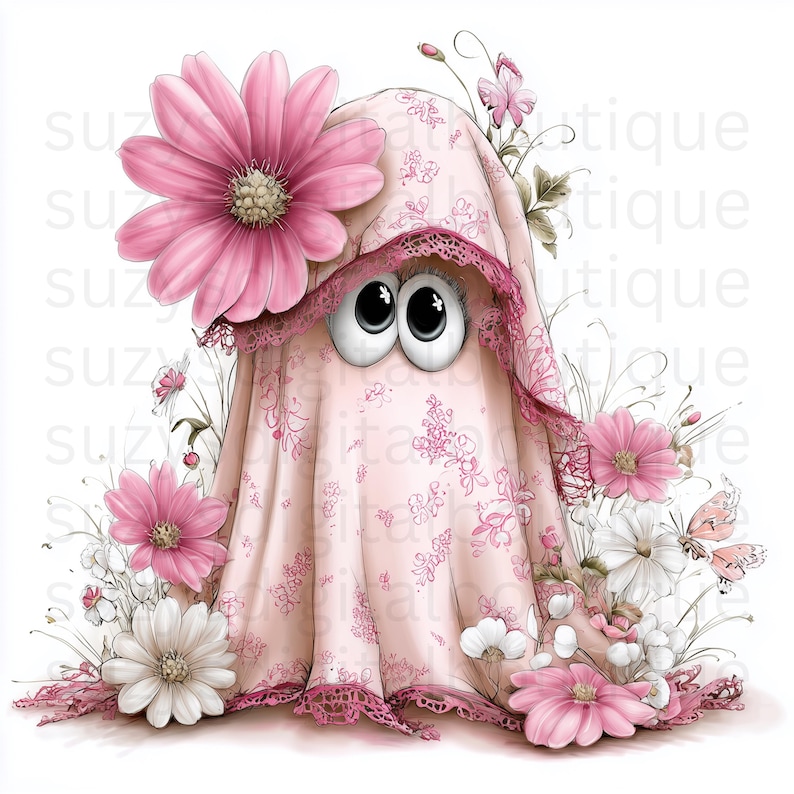 Puede incluir: Una figura de fantasma de dibujos animados envuelta en una tela rosa claro con un delicado estampado floral y ribete de encaje. El fantasma tiene dos ojos grandes, redondos y muy abiertos, rodeado por un grupo de flores rosas y blancas y mariposas.