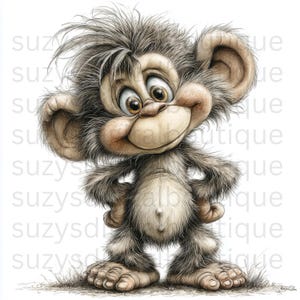 May include: A cartoon illustration of a smiling monkey with large ears and expressive eyes. The monkey has gray fur, a tan face, and is standing on a patch of grass. The monkey's hands are on its hips.