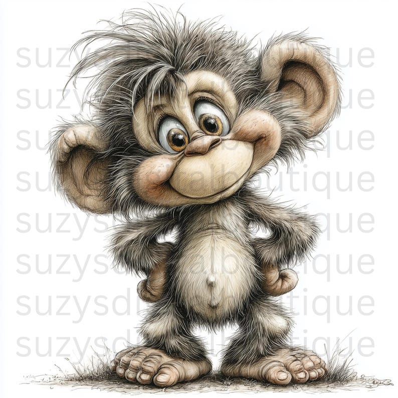 May include: A cartoon illustration of a smiling monkey with large ears and expressive eyes. The monkey has gray fur, a tan face, and is standing on a patch of grass. The monkey's hands are on its hips.
