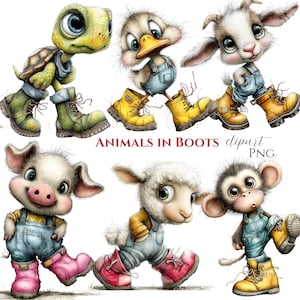 May include: A digital illustration featuring six cartoon animals: a turtle, duckling, goat, pig, lamb, and monkey. Each animal wears overalls and boots in various colors. The text "ANIMALS IN BOOTS clipart PNG" is displayed.