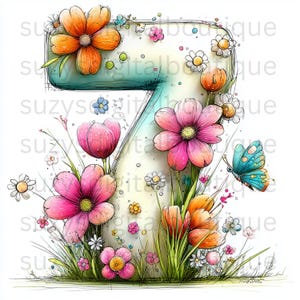 Pu&ograve; includere: Un'illustrazione stravagante del numero sette, adornata con fiori vibranti nei toni del rosa, arancione e bianco. Una farfalla turchese aggiunge un tocco di fantasia. Il numero &egrave; circondato da erba verde e piccoli fiori, creando un design allegro e primaverile.