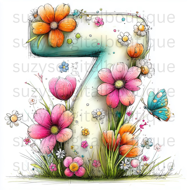 Pu&ograve; includere: Un'illustrazione stravagante del numero sette, adornata con fiori vibranti nei toni del rosa, arancione e bianco. Una farfalla turchese aggiunge un tocco di fantasia. Il numero &egrave; circondato da erba verde e piccoli fiori, creando un design allegro e primaverile.