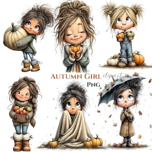 Op de afbeelding: Digitale illustratie met zes cartoonmeisjes met herfstthema's. De meisjes houden pompoenen, appels en een paraplu vast. De tekst "AUTUMN GIRL clipart PNG" is zichtbaar.