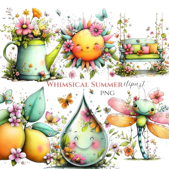 Whimsical Summer Clipart Bundle, Pastel Botanical PNG Graphics, Watercolor Garden Elements (40 PNG)