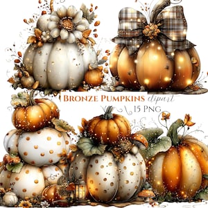 May include: A collection of digital illustrations featuring bronze and white pumpkins decorated with flowers, plaid bows, and polka dots. The text BRONZE PUMPKINS clipart 15 PNG is centered in the middle of the arrangement of various pumpkin designs.