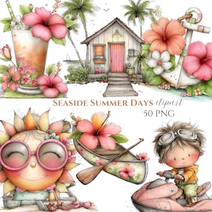 Paquete de imágenes prediseñadas de playa en acuarela: Gráficos de verano junto al mar (50 PNG)