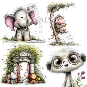 Op de afbeelding: Een grillige illustratie met vier schattige cartoon dieren. Een olifant sproeit water, een aap eet een banaan, een stokstaartje draagt een bril en een groep dieren staat bij een "ZOO" ingang. Het kunstwerk heeft een zachte, kleurrijke stijl.