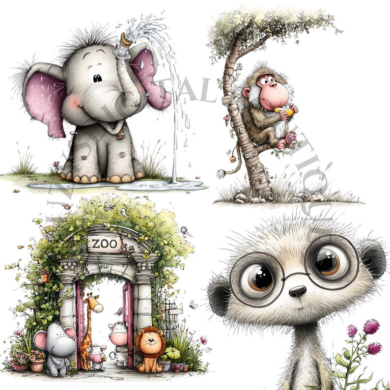 Op de afbeelding: Een grillige illustratie met vier schattige cartoon dieren. Een olifant sproeit water, een aap eet een banaan, een stokstaartje draagt een bril en een groep dieren staat bij een "ZOO" ingang. Het kunstwerk heeft een zachte, kleurrijke stijl.