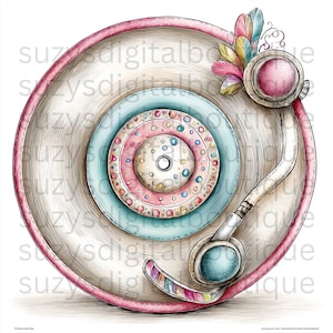 May include: A whimsical illustration of a record player in pastel colors. The record is beige with pink and blue concentric circles. The tone arm and headshell are white with a blue accent. Colorful feathers adorn the top.