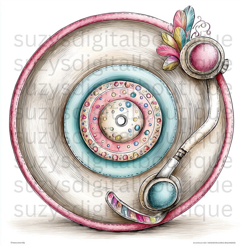 May include: A whimsical illustration of a record player in pastel colors. The record is beige with pink and blue concentric circles. The tone arm and headshell are white with a blue accent. Colorful feathers adorn the top.