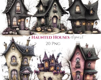 May include: A digital collection of six illustrations featuring various haunted houses and a house inside a teacup, with pumpkins and autumn foliage. The text reads HAUNTED HOUSES clipart 20 PNG. The houses are rendered in shades of gray, purple, and pink.