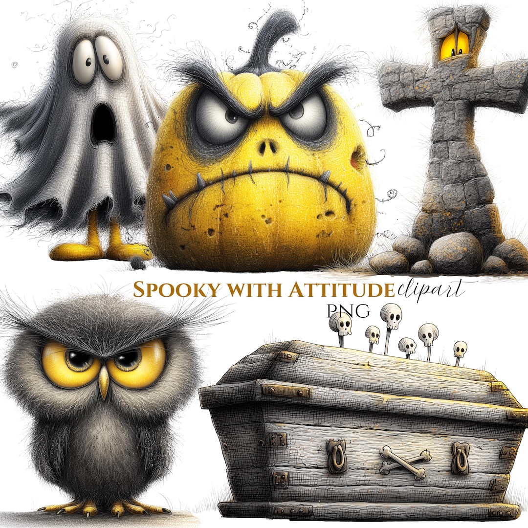 Spooky Attitude Clipart Bundle | Grumpy Bat, Cat, Pumpkin Graphics (30 ...