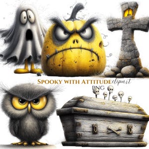 Puede incluir: Una colección de ilustraciones de dibujos animados espeluznantes. Incluye un fantasma, una calabaza amarilla gruñona, una cruz de piedra, un búho gris y un ataúd de madera con detalles de calaveras. También está presente el texto "SPOOKY WITH ATTITUDE clipart PNG".