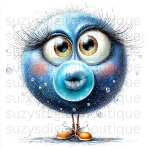 May include: A whimsical blue creature with large eyes, long eyelashes, and a bubblegum bubble. The creature has small legs with orange shoes. Bubbles float around the character. The image has a cartoon style.