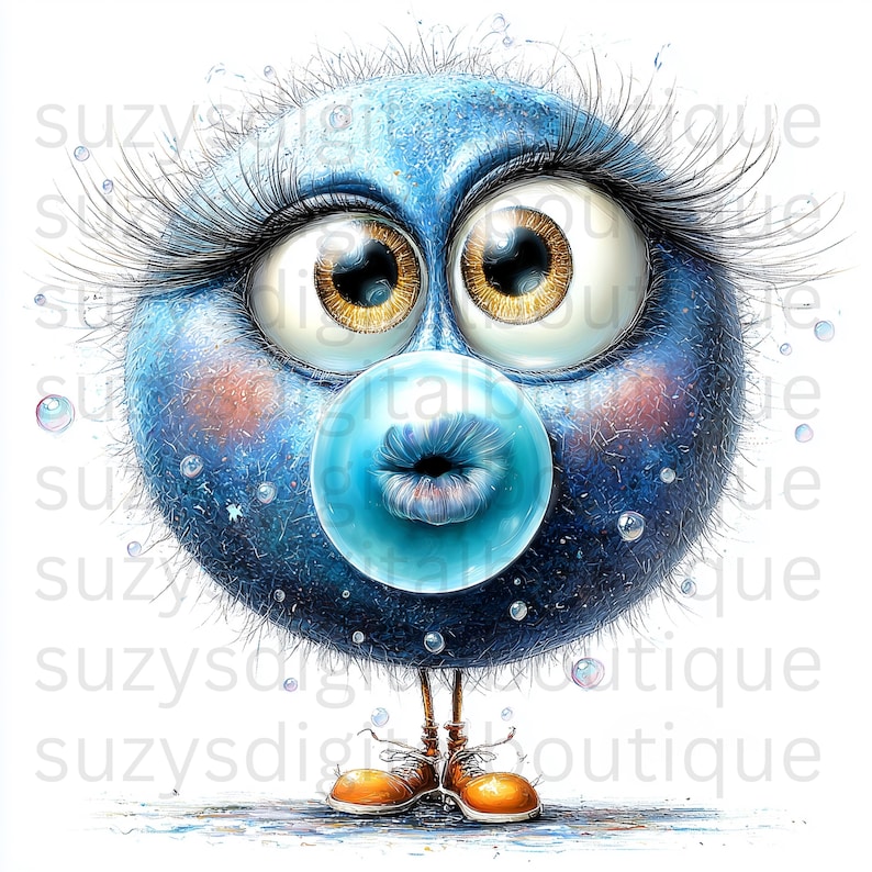 May include: A whimsical blue creature with large eyes, long eyelashes, and a bubblegum bubble. The creature has small legs with orange shoes. Bubbles float around the character. The image has a cartoon style.