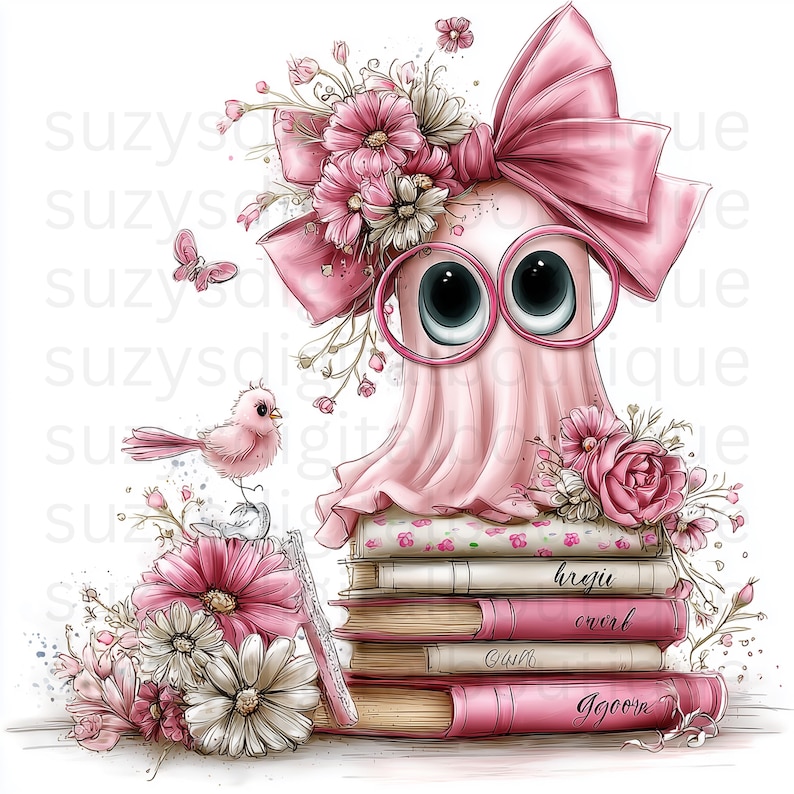 Puede incluir: Un personaje fantasma rosa con gafas redondas grandes y un lazo rosa de gran tama&ntilde;o, posado sobre una pila de cuatro libros. La escena est&aacute; decorada con flores rosas y blancas, un peque&ntilde;o p&aacute;jaro rosa y una mariposa, con el texto suzysdigiboutique.