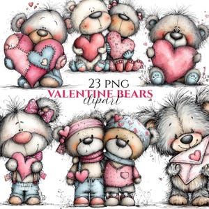 May include: Watercolor illustrations of teddy bears holding hearts, perfect for Valentine's Day. The bears are in various poses, some wearing hats and scarves. The text "23 PNG VALENTINE BEARS clipart" is also visible.